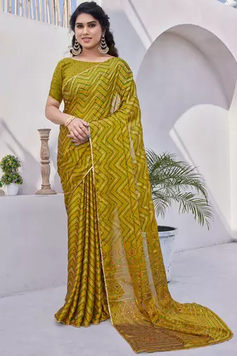 Mustard chiffon foil print/chevron/zig zag print sequinns lace saree with unstitched blouse piece