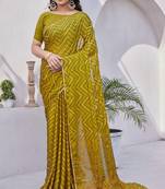 Mustard chiffon foil print/chevron/zig zag print sequinns lace saree with unstitched blouse piece