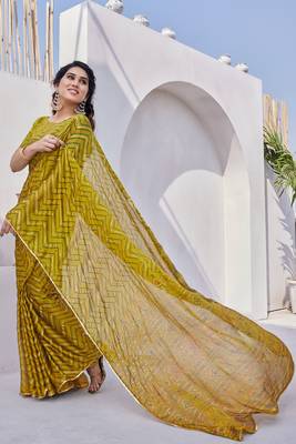 Mustard chiffon foil print/chevron/zig zag print sequinns lace saree with unstitched blouse piece 2