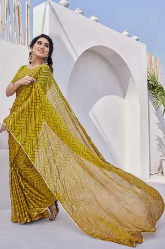 Mustard chiffon foil print/chevron/zig zag print sequinns lace saree with unstitched blouse piece