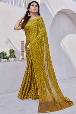 Mustard chiffon foil print/chevron/zig zag print sequinns lace saree with unstitched blouse piece 3