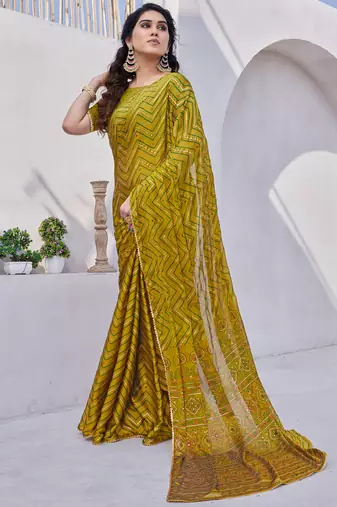 Mustard chiffon foil print/chevron/zig zag print sequinns lace saree with unstitched blouse piece