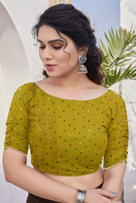 Mustard chiffon foil print/chevron/zig zag print sequinns lace saree with unstitched blouse piece 5