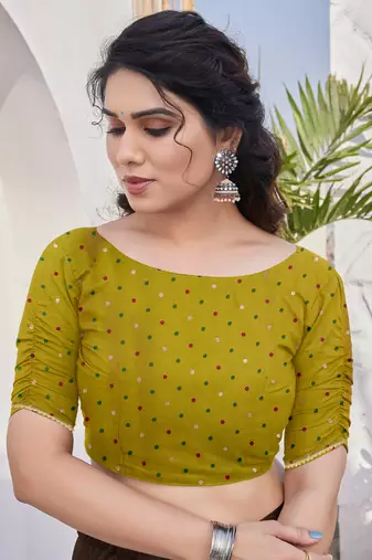 Mustard chiffon foil print/chevron/zig zag print sequinns lace saree with unstitched blouse piece