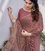 Dusty Rose Pink Chiffon Foil Print/Chevron/Zig Zag Print Sequinns Lace Saree With Unstitched Blouse Piece