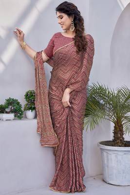 Dusty Rose Pink Chiffon Foil Print/Chevron/Zig Zag Print Sequinns Lace Saree With Unstitched Blouse Piece 2