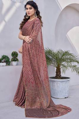 Dusty Rose Pink Chiffon Foil Print/Chevron/Zig Zag Print Sequinns Lace Saree With Unstitched Blouse Piece 3