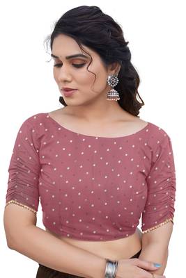 Dusty Rose Pink Chiffon Foil Print/Chevron/Zig Zag Print Sequinns Lace Saree With Unstitched Blouse Piece 5