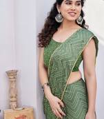 Dusty Green Chiffon Foil Print/Chevron/Zig Zag Print Sequinns Lace Saree With Unstitched Blouse Piece