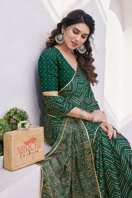 Dark green chiffon foil print/chevron/zig zag print sequinns lace saree with unstitched blouse piece 1