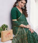 Dark green chiffon foil print/chevron/zig zag print sequinns lace saree with unstitched blouse piece