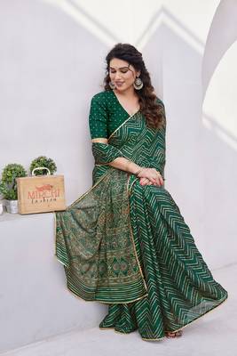 Dark green chiffon foil print/chevron/zig zag print sequinns lace saree with unstitched blouse piece 2
