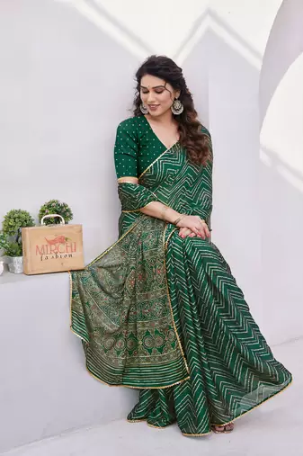 Dark green chiffon foil print/chevron/zig zag print sequinns lace saree with unstitched blouse piece