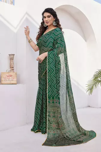 Dark green chiffon foil print/chevron/zig zag print sequinns lace saree with unstitched blouse piece