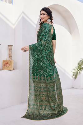 Dark green chiffon foil print/chevron/zig zag print sequinns lace saree with unstitched blouse piece 4