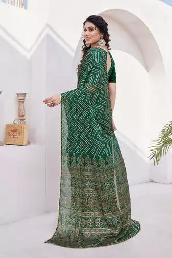 Dark green chiffon foil print/chevron/zig zag print sequinns lace saree with unstitched blouse piece