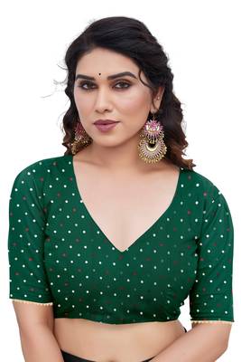 Dark green chiffon foil print/chevron/zig zag print sequinns lace saree with unstitched blouse piece 5