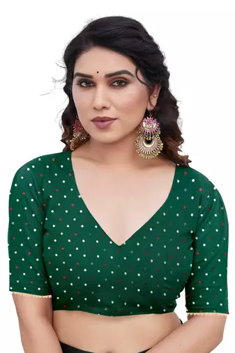 Dark green chiffon foil print/chevron/zig zag print sequinns lace saree with unstitched blouse piece