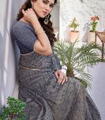 Grey Chiffon Foil Print/Chevron Zig Zag Print Lace Saree With Unstitched Blouse Piece