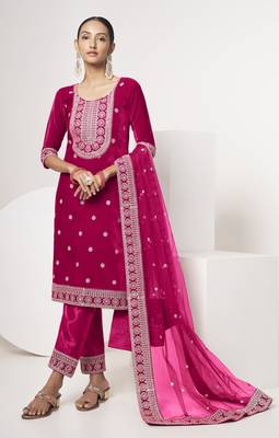 Pink velvet sequince zari embroidered work festival long straight salwar suit pent dupatta semi stitched 1