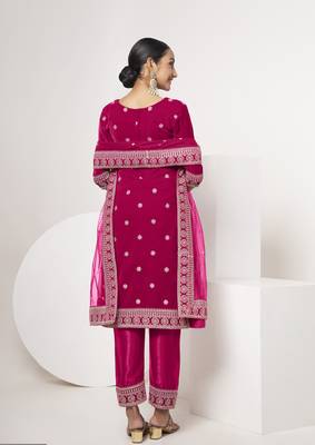Pink velvet sequince zari embroidered work festival long straight salwar suit pent dupatta semi stitched 3