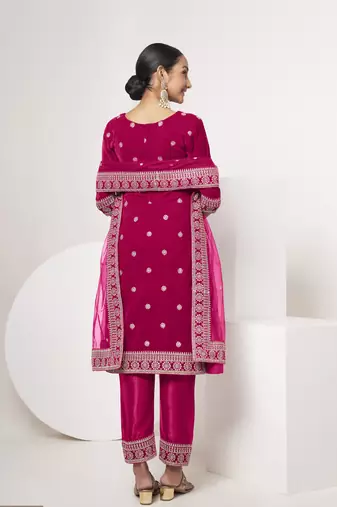 Pink velvet sequince zari embroidered work festival long straight salwar suit pent dupatta semi stitched