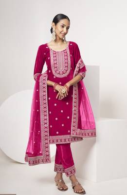 Pink velvet sequince zari embroidered work festival long straight salwar suit pent dupatta semi stitched 4