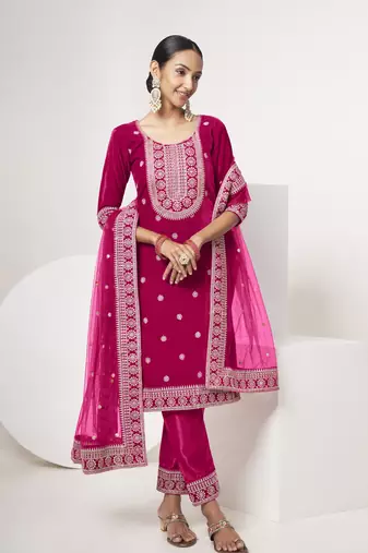 Pink velvet sequince zari embroidered work festival long straight salwar suit pent dupatta semi stitched