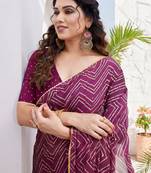 Magenta Chiffon Foil Print/Chevron/Zig Zag Print Sequinns Lace Saree With Unstitched Blouse Piece