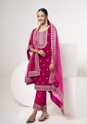 Pink velvet sequince zari embroidered work festival long straight salwar suit pent dupatta semi stitched 5