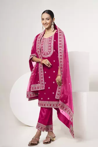 Pink velvet sequince zari embroidered work festival long straight salwar suit pent dupatta semi stitched