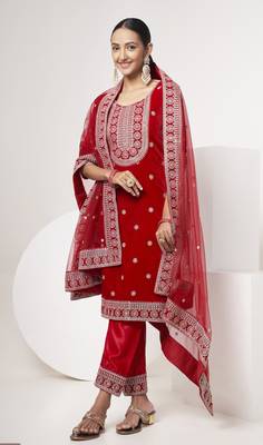 Red velvet sequince zari embroidered work festival long straight salwar suit pent dupatta semi stitched 1