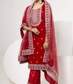 Red velvet sequince zari embroidered work festival long straight salwar suit pent dupatta semi stitched