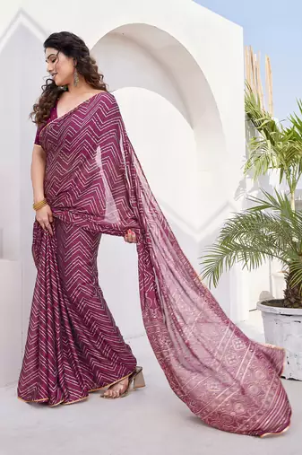 Magenta Chiffon Foil Print/Chevron/Zig Zag Print Sequinns Lace Saree With Unstitched Blouse Piece