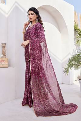 Magenta Chiffon Foil Print/Chevron/Zig Zag Print Sequinns Lace Saree With Unstitched Blouse Piece 3