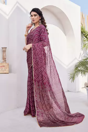 Magenta Chiffon Foil Print/Chevron/Zig Zag Print Sequinns Lace Saree With Unstitched Blouse Piece