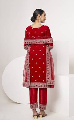 Red velvet sequince zari embroidered work festival long straight salwar suit pent dupatta semi stitched 3