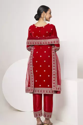 Red velvet sequince zari embroidered work festival long straight salwar suit pent dupatta semi stitched