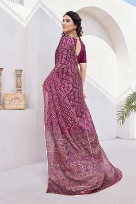 Magenta Chiffon Foil Print/Chevron/Zig Zag Print Sequinns Lace Saree With Unstitched Blouse Piece 4