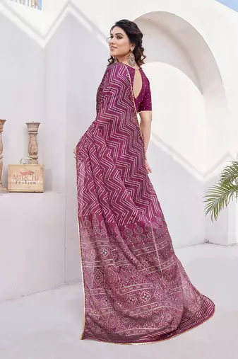 Magenta Chiffon Foil Print/Chevron/Zig Zag Print Sequinns Lace Saree With Unstitched Blouse Piece
