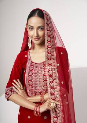 Red velvet sequince zari embroidered work festival long straight salwar suit pent dupatta semi stitched 4