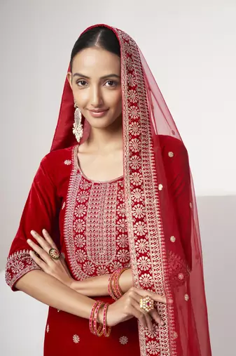 Red velvet sequince zari embroidered work festival long straight salwar suit pent dupatta semi stitched