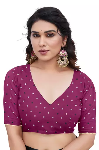 Magenta Chiffon Foil Print/Chevron/Zig Zag Print Sequinns Lace Saree With Unstitched Blouse Piece