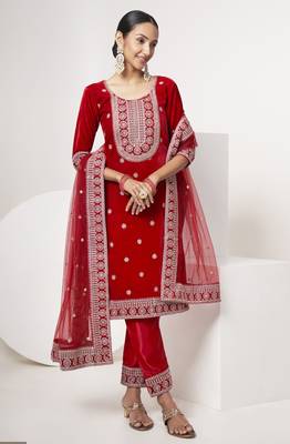 Red velvet sequince zari embroidered work festival long straight salwar suit pent dupatta semi stitched 5