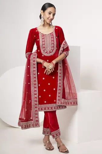 Red velvet sequince zari embroidered work festival long straight salwar suit pent dupatta semi stitched