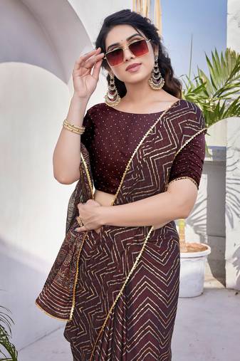 Maroon Chiffon Foil Print/Chevron/Zig Zag Print Sequinns Lace Saree With Unstitched Blouse Piece