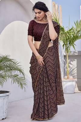 Maroon Chiffon Foil Print/Chevron/Zig Zag Print Sequinns Lace Saree With Unstitched Blouse Piece 2