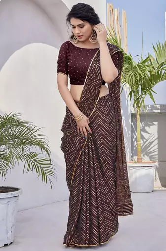 Maroon Chiffon Foil Print/Chevron/Zig Zag Print Sequinns Lace Saree With Unstitched Blouse Piece
