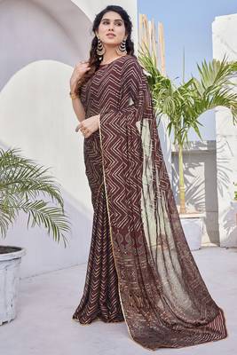 Maroon Chiffon Foil Print/Chevron/Zig Zag Print Sequinns Lace Saree With Unstitched Blouse Piece 3