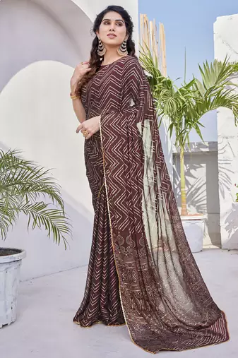 Maroon Chiffon Foil Print/Chevron/Zig Zag Print Sequinns Lace Saree With Unstitched Blouse Piece
